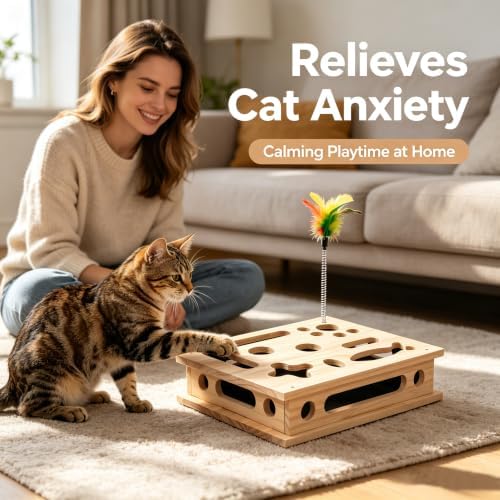 Cat Nail File Box, Solid Wood Scratch Puzzle Enrichment Toy, Hunting Play for Indoor Cats, Reduces Anxiety, Sharpens Claws Naturally