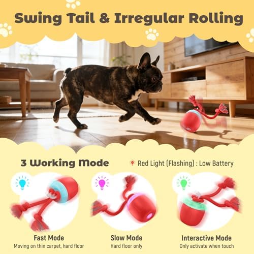 Interactive Dog Toys, Automatic Moving and Rolling Dogs Toy with Rope for Medium Large Dogs, Motion-Activated Dog Ball to Keep Them Busy(Red)