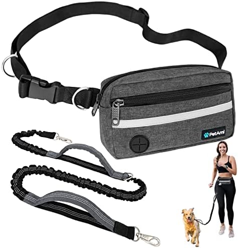 PetAmi Hands Free Dog Leash Waist Belt Bag Fanny Pack, Double, Dark Grey