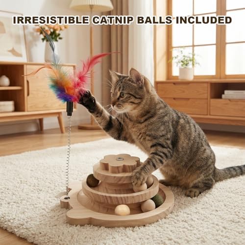 Interactive Wooden Cat Toy with Catnip Balls & Spring Feather Wand, 3-Tier Pine Wood Track Ball Tower for Indoor Cats, Kitten Mental Stimulation & Exercise Play Set