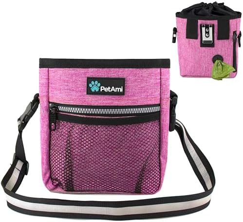 PetAmi Dog Treat Pouch, Pet Treat Pouch for Training, Dog Walking Bag Holder for Kibbles, Pet Food Toy, Dog Trainer Essentials Supplies, Poop Bag Dispenser, 3 Ways to Wear (Pink)