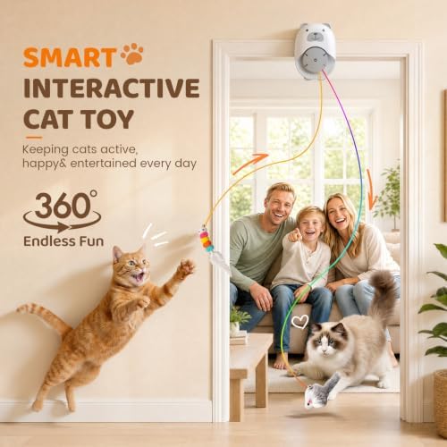 Interactive Cat Toys for Indoor Cats, Automatic Rechargeable Hanging Feather Wand with Flying Motion, 4 Packs Replaceable Accessories, Exercise Enrichment Toy for Cats, Long-Lasting USB Charging