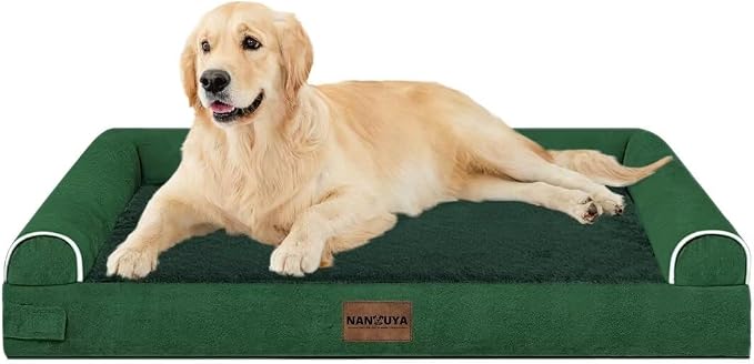 Orthopedic Dog Bed for Large Dogs, 36 x 27 Inch, Emerald | Egg crate foam for joint support, 3-sided bolster pet sofa, waterproof lining, washable cover, and non-skid base