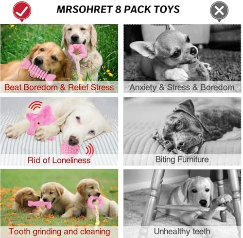 MRSOHRET Puppy Toys, 8 Pack Puppy Chew Toys for Teething, Cute Pink Small Dog Toys Set, Teething Toys for Puppies, Soft Durable Interactive Chew Toy for Small Dogs