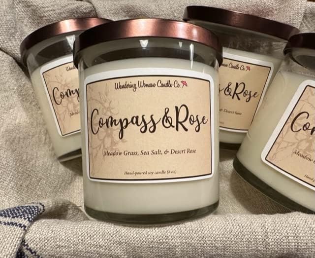 Wandering Woman Candle Company 8 oz Soy Wax Candle (Compass & Rose: Sea Salt & Desert Rose)