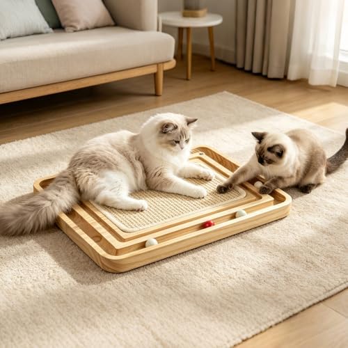 Sisal Cat Scratcher Pad with Ball Track, Wooden Interactive Cat Puzzle Toy