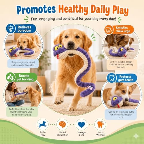 Squeaky Dog Plush Chew Toy, Interactive Tug Squeaky Toy for Chewers, Medium & Large Dogs & Fetch Play, 39.4 in Stuffed Silly Snake Toy with Elastic Stretchable Body for Gentle Gum Care&Boredom Relief