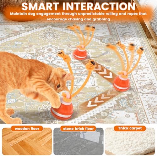 Interactive Dog Toy with Rope, 2026 Upgraded 3 Modes 360° Smart Automatic Rolling Moving Rechargeable Moving Fetch Dog Toy Ball for Boredom(Orange)