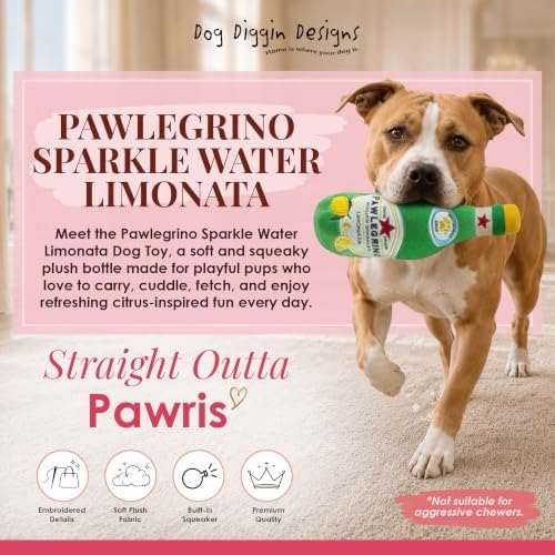 Dog Diggin Designs Pawlegrino Sparkle Water Plush Dog Toy | Luxury-Inspired Parody Sparkling Water Dog Toy with Squeaker, Soft Plush Novelty Dog Toy – Bubbles & Tail Wags