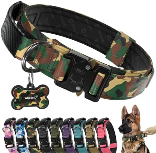 Premium Tactical Dog Collar - Adjustable Military Heavy Duty Dog Collar for Medium Large Dogs - Durable Metal Buckle Dog Collar with Leather Control Handle and Soft Comfortable Padding