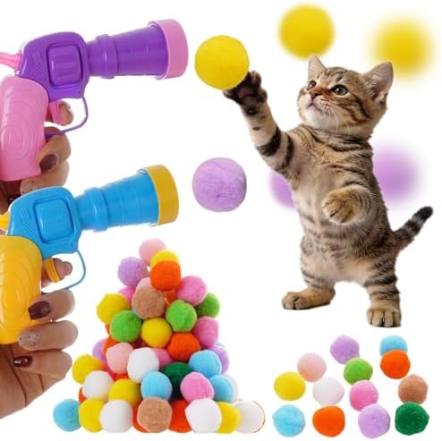 2Pcs Cat Ball Launchers with 100Pcs Pom Pom Balls Cat Interactive Soft Ball Toy Interactive Pet Toys Launcher for Cats Indoor Play