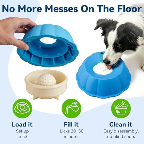 Dog Lick Bowl Ball Slow Feeder, Licking Bowl for Liquid Treat with Rolling Spin Sphere Roller Licker, Licky Feed Calming Anxiety Relief Enrichment Yogurt (Blue)