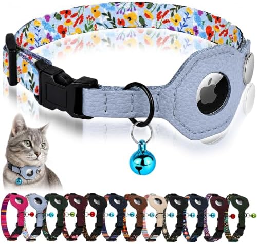 Breakaway Cat Collar with Leather AirTag Holder & Bell - Apple Air Tag Cat Collars for Girls & Boys, Lightweight Anti-Lost GPS Tracker Design, Printed Pattern - Safety and Adjustable (Floral)