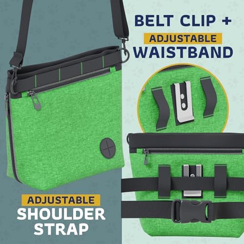 Katziela Expandable Pet Treat Pouch - Hands Free Dog Treat Pouch, Quick Access Magnet Closure - Anti Spill Dog Treat Bag - Treat Pouches for Pet Training, Adjustable Shoulder Strap & Belt Clip (Green)