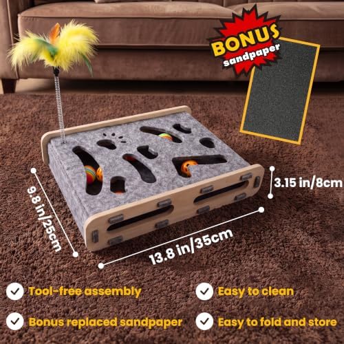 5-in-1 cat nail file scratcher Enrichment Box - interactive cat toys for indoor cats, Large felt cat puzzle feeder with replaceable sandpaper, Includes 6 balls ,4 spring toys,and feather toy(grey)