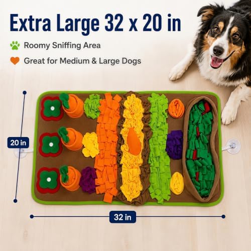 Snuffle Mat for Dogs – Extra Large 32'' x 20'', Washable Slow Feeder Dog Toy, Durable Interactive Dog Puzzle for Mental Stimulation & Nosework Training, with Anti-Slip Suction Cups