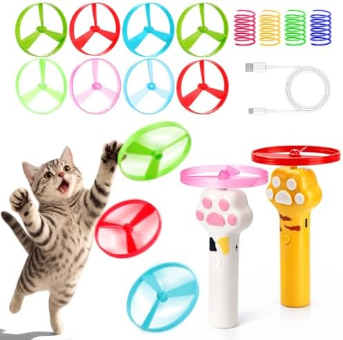 BABORUI Cat Toy Disc Launcher, Rechargeable Interactive Cat Fetch Toy Launcher with 16 Flying Discs, Flying Enrichment Toys for Indoor Bored Kittens & Adult Cats (Yellow+White)