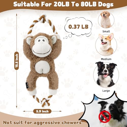 Squeaky Dog Plush Toys No Stuffing Interactive Puppy Chew Toys to Keep Them Busy, Durable Tug of War Dog Toys for Small, Medium and Large Breed - Monkey