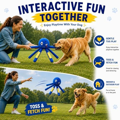 Octopus Dog Toy, Squeaky Plush Toy for Small and Medium Dogs | Funny Octopus Dog Toy with 6 Floppy Tentacles, Squeaker, Crinkle Sounds and Tiny Treat Pockets for Small and Medium Dogs