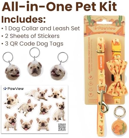 French Bulldog Polyester Dog Collar and Leash Set with Bowtie, Smart & Safe Design, Includes 1 ID Tag + 3 Frenchie Dog Tags for Instant Location & 2 Sticker Sheets, Stylish Gift Set, M