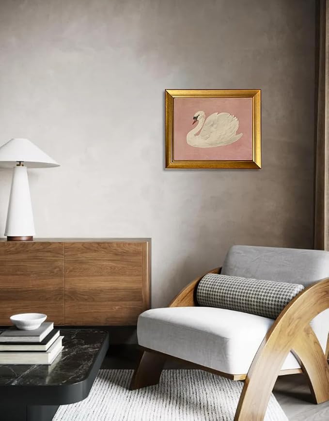 Vintage Swan Painting Gold Framed Wall Art Home Decor Farmhouse Pink Canvas Print Cute Swan Painting Artworks for Girly Bathroom Decor Living Room Bedroom