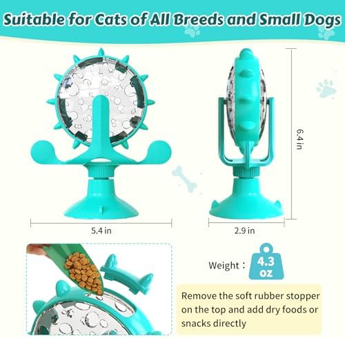 Cat Food Treat Dispenser Toy Interactive with 360°Rotating Windmill Suction Cup for Indoor Cats, Kittens & Small Dogs Slow Feeder Snack Exercise & Distribution Wheel Toy