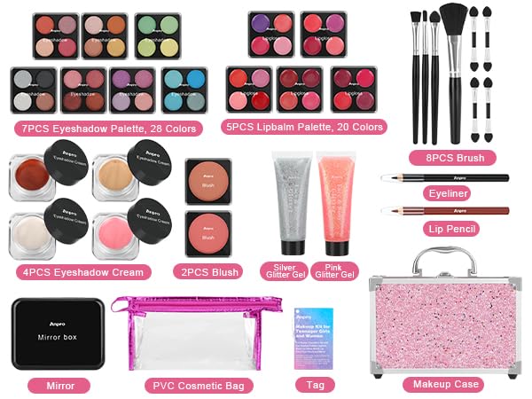 Anpro All-In-One Makeup Kit for Girls 10-12 with Case, Pro Teen Makeup Set, Tween Makeup Kit for Teens Women, Full Make Up Starter Kit with Brushes, Lipstick, Eye Shadow, Palette, Blush, Glitter Gel