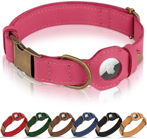 AirTag Dog Collar - Genuine Leather Dog Collar with Apple AirTag Holder and Metal Buckle - Smart GPS Tracking Pet Collars (Pink, XL, 20"-25" Neck Fit)