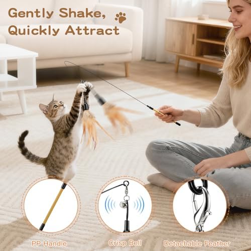 Pawaboo Cat Feather Wand Interactive Toy, 2 Feathers + 1 Wand with Bell