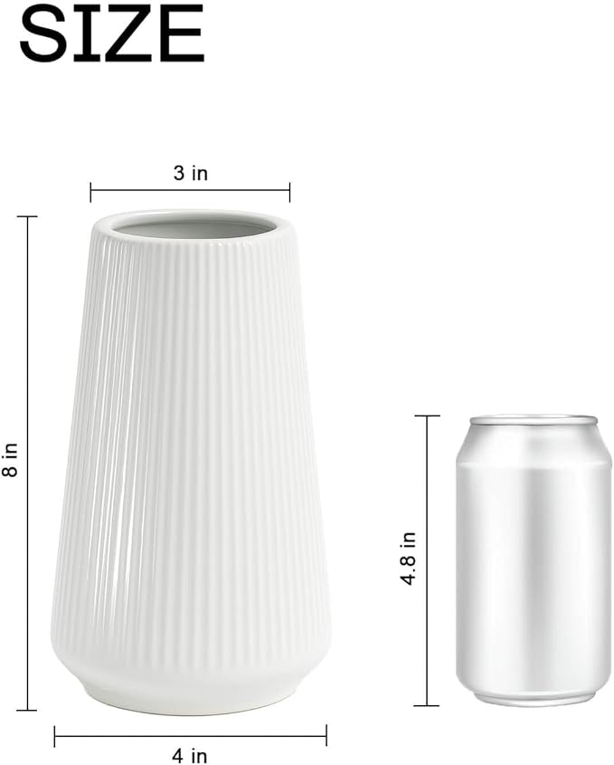 White Ceramic Vase, 8 Inch Flower Vases for Pampas Grass and Dried Flowers, Modern Vase for Living Room Table, Kitchen Shelf, Wedding Centerpiece Decor