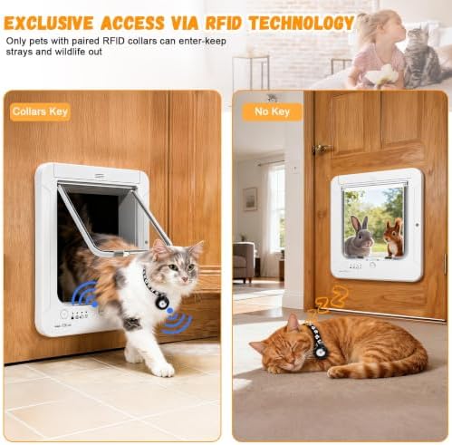 Smart Cat Door for Interior & Exterior, Cat Pet Door with 3 Collar Sensor Keys & 1 Remote Control & 4 Way Locking Cat Flap with RFID Collar Activated Opening SmartPetDoor