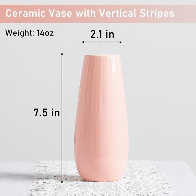 Pink Ceramic Vase, 7.5 Inch Flower Vase with Vertical Stripes for Pampas Calla Lily Tulip, Minimalism Modern Style for Housewarming, Weddings, Birthday, Christmas, Thanksgiving, New Year