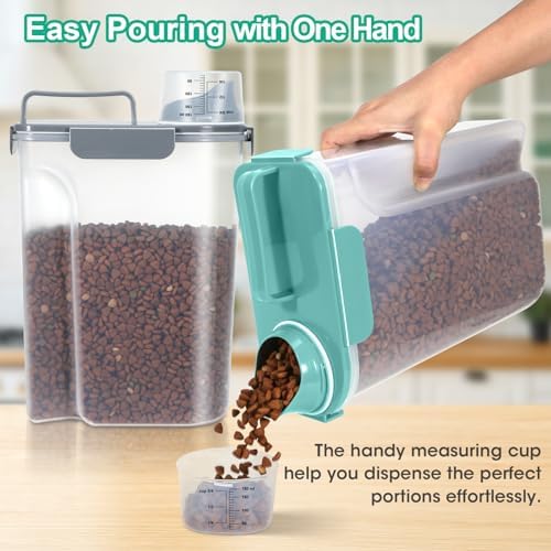 TBMax Pet Dog Cat Food Storage Containers 2 Pack 10 to 14 Lbs, Airtight Cat Food Dispenser with Large Spout & Portable Handle, Travel Dog Treat Storage Bin Bird Seed Container-Cyan+Dark