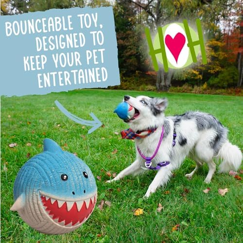 HuggleHounds Ruff-Tex Latex Ball Dog Toy - Dog Toys Rubber, Puppy Toys, Puppy Essentials, Heavy Duty Squeaky Ball for Small, Medium & Large Dogs, All Breeds - Finn the Shark, Large