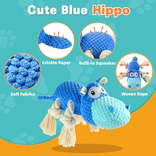 TOOPTATE Hippo Squeaky Dog Toy, Blue, Large