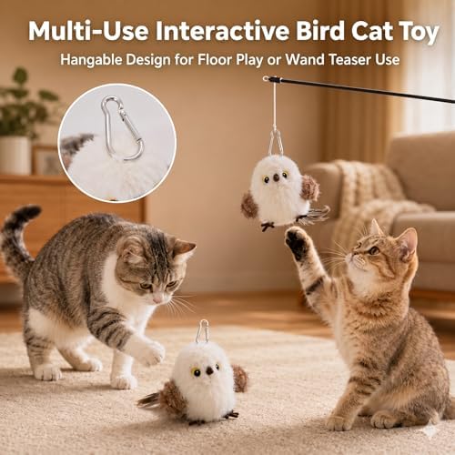 Flapping Bird Cat Toy, White Sparrow Plush Touch Activated Bird Chirp Cat Toy with Refillable Catnip, USB Rechargeable Interactive Kitten Exercise Toy,4.92"(No Flying)