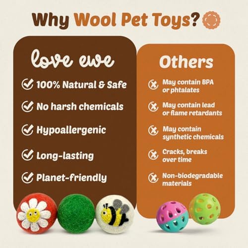 Love Ewe Wool Cat Toys Ball 3 Pack, 2-inch Flower and Bee