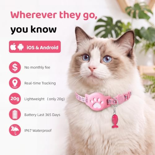 GPS Pet Tracker Collar, Mini Smart Real Time Tracking Tag for Cats Dogs, No Monthly Fee or SIM Breakaway Collars, IP68 Waterproof Detachable Finder 365-Day Battery Compatible with Apple iOS & Android