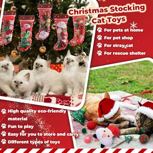 Shappy 5 Sets 55 Pcs Christmas Cat Stocking Toys with Cat Sticks Shaped Santa, Xmas Tree, Yarn Balls, Toy Mouse, Xmas Stocking Pet Set, Interactive Pet Gifts