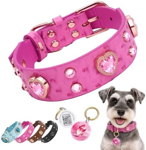 Rhinestone Dog Collar with QR ID Tag, Ostrich-Embossed, Pink, S | Crystal Dog Collar with Ostrich-Embossed Texture, Adjustable Waterproof Fit and QR Scan Pet ID for Stylish Daily Wear