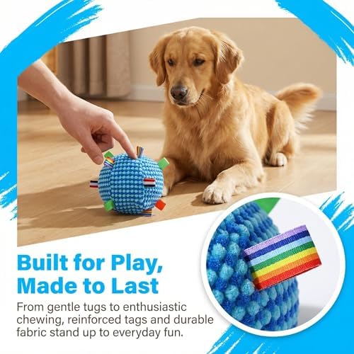 Dog Toys Balls, Interactive Dog Toys Dog Balls with Built-in Bell and Straps, Premium Soft Pet Toys Balls for Small Medium Pets Birthday Gifts, Indoor Outdoor Puppy Toy Ball, Blue (6.7 Inch)