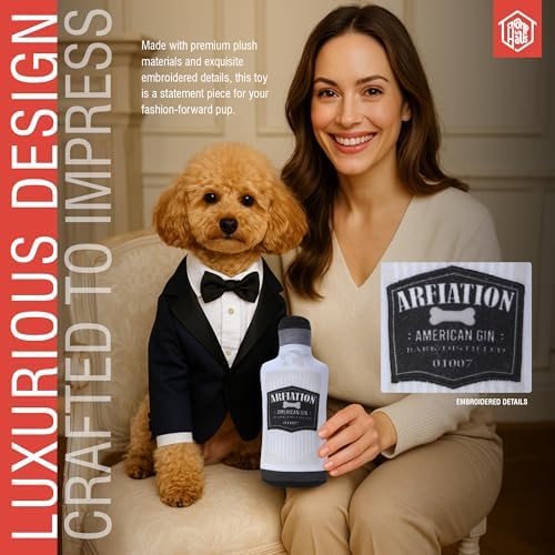 Arfiation Gin – Luxurious Parody Plush Dog Toy with Squeaker, Premium Fabric, Embroidered Details, Designer-Inspired Chew Toy, Fun Gift for Medium Dogs & Dog Lovers