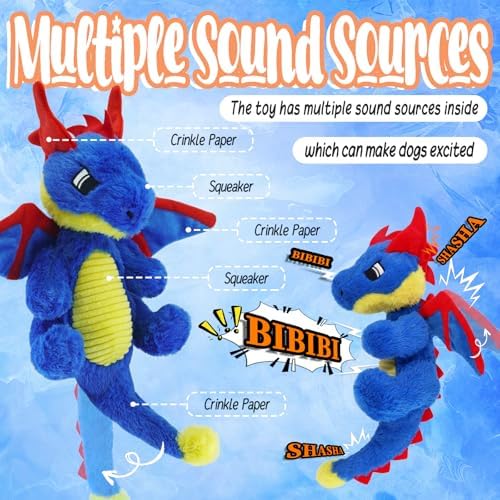 Original Blue Dinosaur Dog Toy - Soft Dog Toys Plush for Small Medium Large Dogs（13.78''） - Cute Dog Squeak Toys with 5 Crinckle Papers & 2 Squeakers