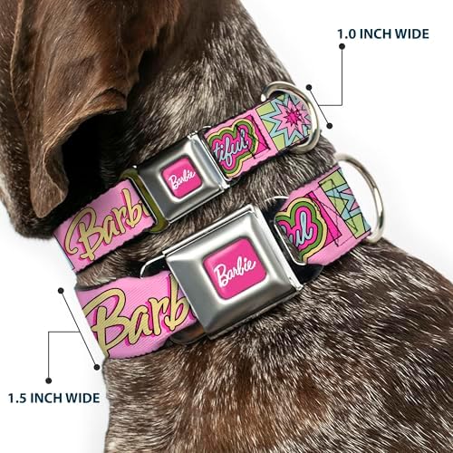 Mattel Pet Collar, Dog Collar Metal Seatbelt Buckle, Barbie Smart Beautiful Strong Icons Pink Multi Color, 9.5 to 13 Inches 1.0 Inch Wide