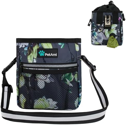 PetAmi Dog Treat Pouch, Pet Treat Pouch for Training, Dog Walking Bag Holder for Kibbles, Pet Food Toy, Dog Trainer Essentials Supplies, Poop Bag Dispenser, 3 Ways to Wear (Floral Grey)