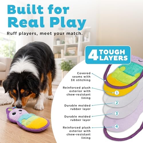 Outward Hound Tough Skinz Dog Toy, Durable Plush with 2X Lining, No Stuffing, Jumbo Squeaker, Caterpillar, 9.5"