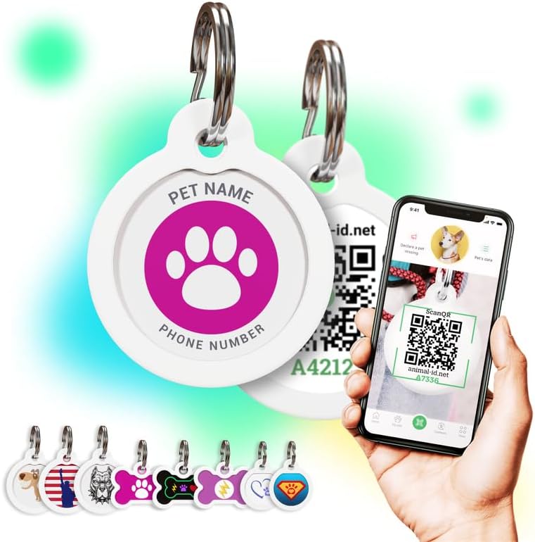QR Code Dog Tag Personalized Pet Id Silent Cat Tags Engraved Name Plate with Online Profile («Pink Paw»)