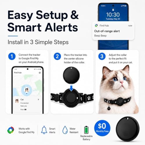 Smart Cat GPS Collar - Waterproof Pet Tracker for Android, Google Find My Compatible, No Monthly Fee. Advanced Safety Solution for Small & Large Cats.(Android Only)