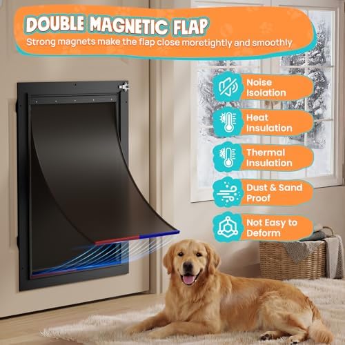 2-Flap Aluminum Extra Large Dog Door for Interior & Exterior Doors | Magnetic Flaps, Dual Locks, Closing Panel, Adjustable Tunnel, Strong Seal, Never Rust, Easy Install, Pet Up 220 LB