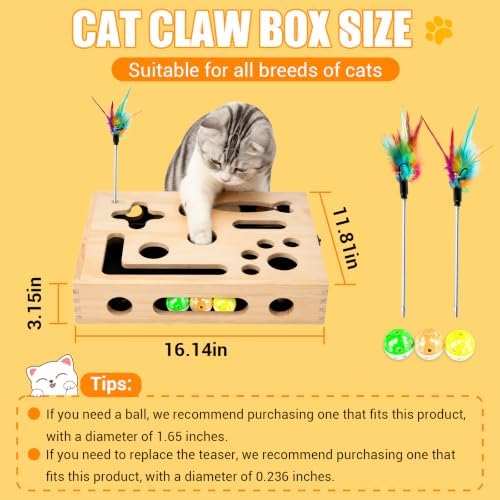 Large Cat Nail File Box, Sturdy Wood Cat Scratch Puzzle Box with Sandpaper